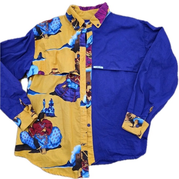 Vintage 80s Southwestern Western Art Shirt Purple Yellow Cowboy Print Colorblock - Picture 9 of 9